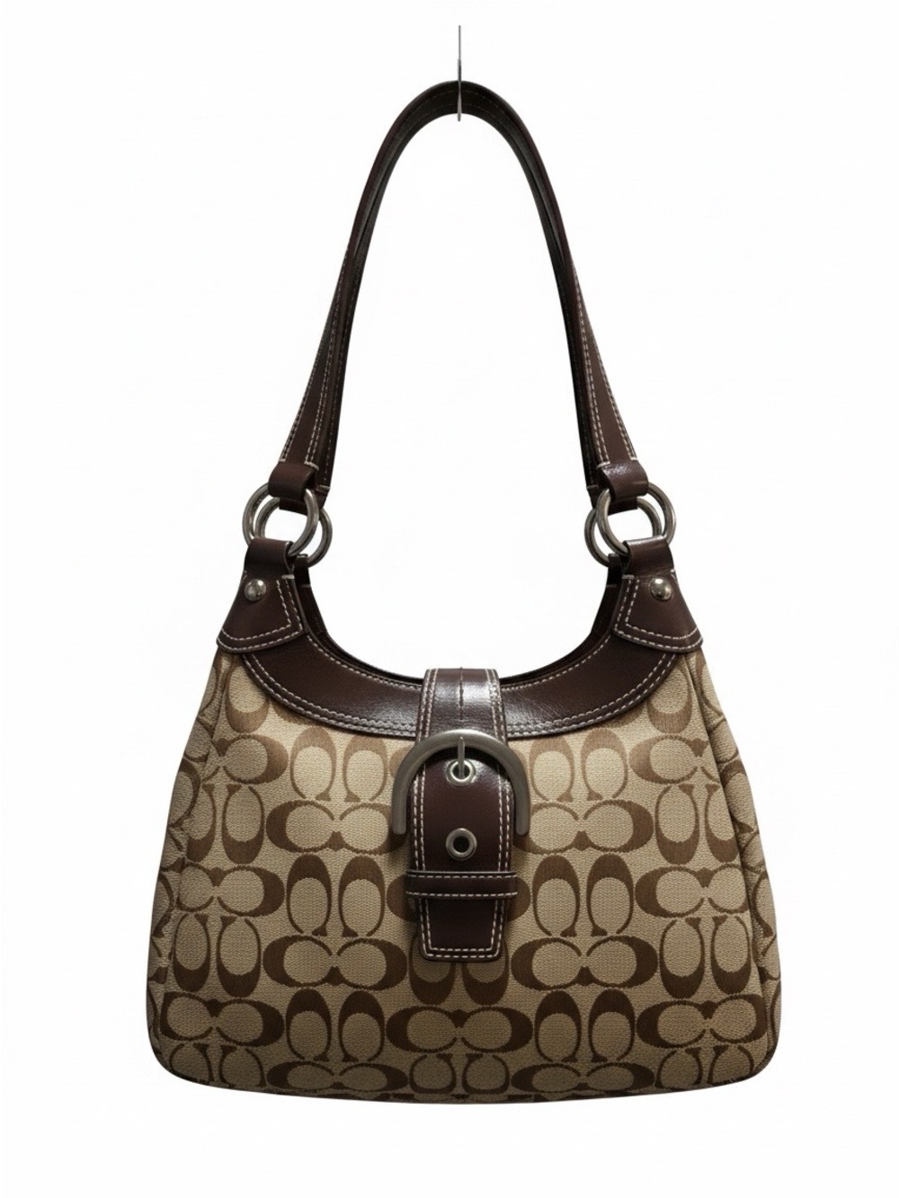 Coach Brown Signature Canvas Shoulder Bag with Dark Brown Trim